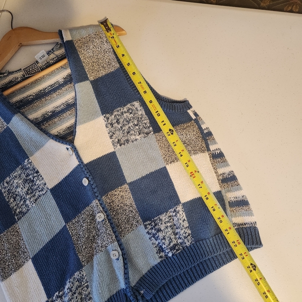 Vintage 90s Patchwork Blue Knit Sweater Vest Cardigan Size Large Cottagecore - Picture 5 of 7